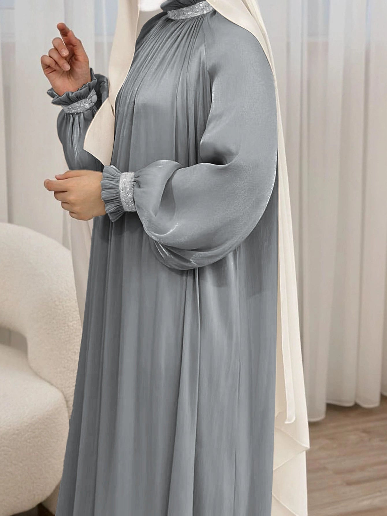 LM024 Elegant Shimmering Sequin Abaya Maxi Dress with Belt | Modest Evening Wear for Muslim Women