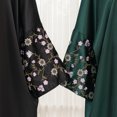 LM054 Floral Embroidery Hala Satin Open Abaya Cardigan Arabic Khaleeji Muslim Women Dress
