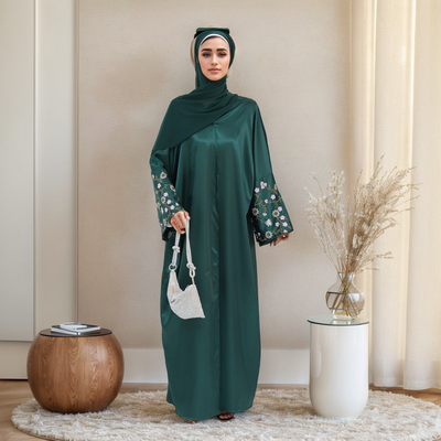 LM054 Floral Embroidery Hala Satin Open Abaya Cardigan Arabic Khaleeji Muslim Women Dress