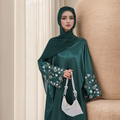 LM054 Floral Embroidery Hala Satin Open Abaya Cardigan Arabic Khaleeji Muslim Women Dress