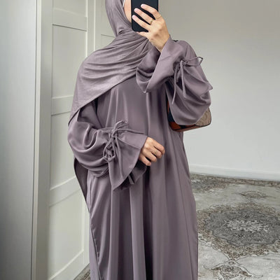 LM070 Nursing-Friendly Tie-Wrist Abaya Dress  Zipper Front & Flora Cuff Premium Soft Nidha Style