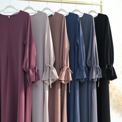 LM070 Nursing-Friendly Tie-Wrist Abaya Dress  Zipper Front & Flora Cuff Premium Soft Nidha Style