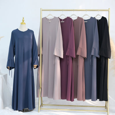 LM070 Nursing-Friendly Tie-Wrist Abaya Dress  Zipper Front & Flora Cuff Premium Soft Nidha Style
