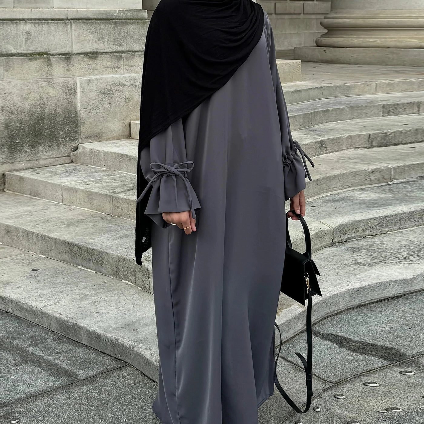 LM070 Nursing-Friendly Tie-Wrist Abaya Dress  Zipper Front & Flora Cuff Premium Soft Nidha Style