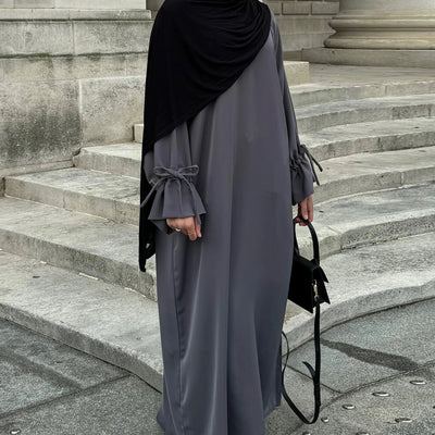 LM070 Nursing-Friendly Tie-Wrist Abaya Dress  Zipper Front & Flora Cuff Premium Soft Nidha Style