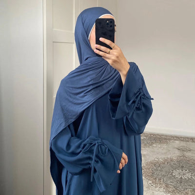 LM070 Nursing-Friendly Tie-Wrist Abaya Dress  Zipper Front & Flora Cuff Premium Soft Nidha Style