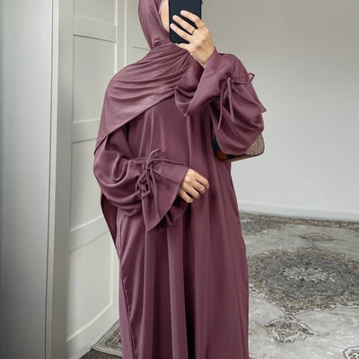 LM070 Nursing-Friendly Tie-Wrist Abaya Dress  Zipper Front & Flora Cuff Premium Soft Nidha Style