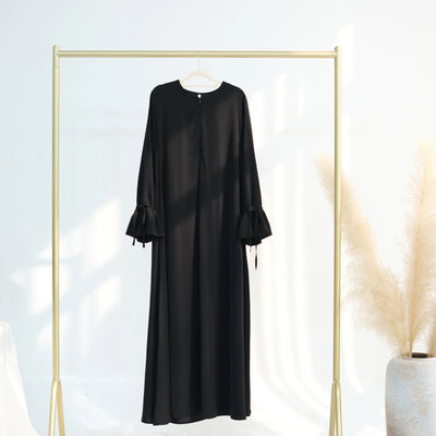 LM070 Nursing-Friendly Tie-Wrist Abaya Dress  Zipper Front & Flora Cuff Premium Soft Nidha Style