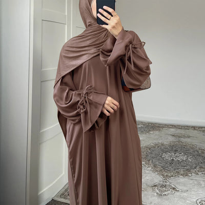 LM070 Nursing-Friendly Tie-Wrist Abaya Dress  Zipper Front & Flora Cuff Premium Soft Nidha Style