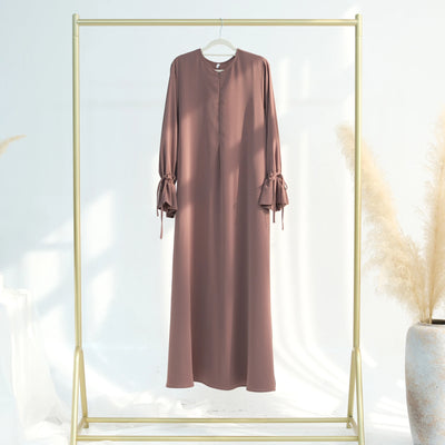 LM070 Nursing-Friendly Tie-Wrist Abaya Dress  Zipper Front & Flora Cuff Premium Soft Nidha Style