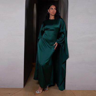 LM087 Eid 2025 Cape Abaya Dress | Premium Silky Satin Modest Dress | Luxury Elegance
