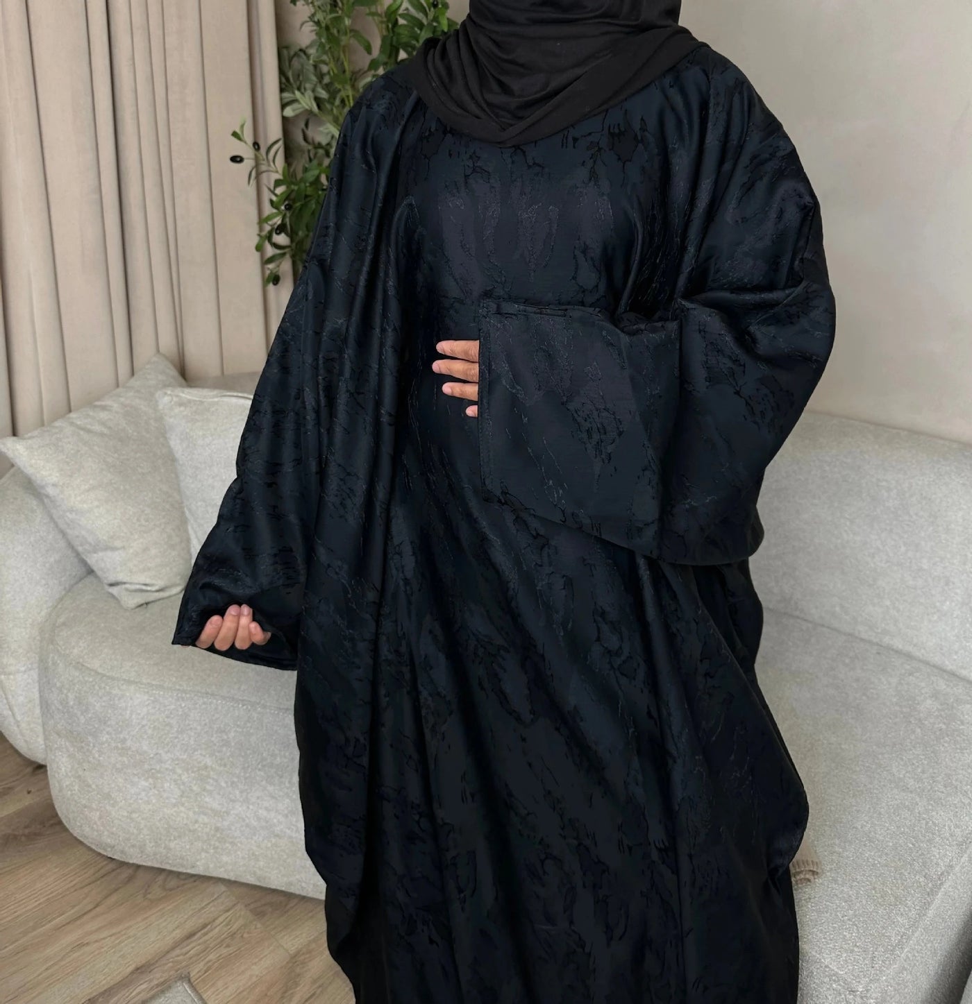 LM089 Hira Butterfly Abaya Set | Khaleeji Jacquard Prayer Dress with Batwing Sleeves Hijab Set