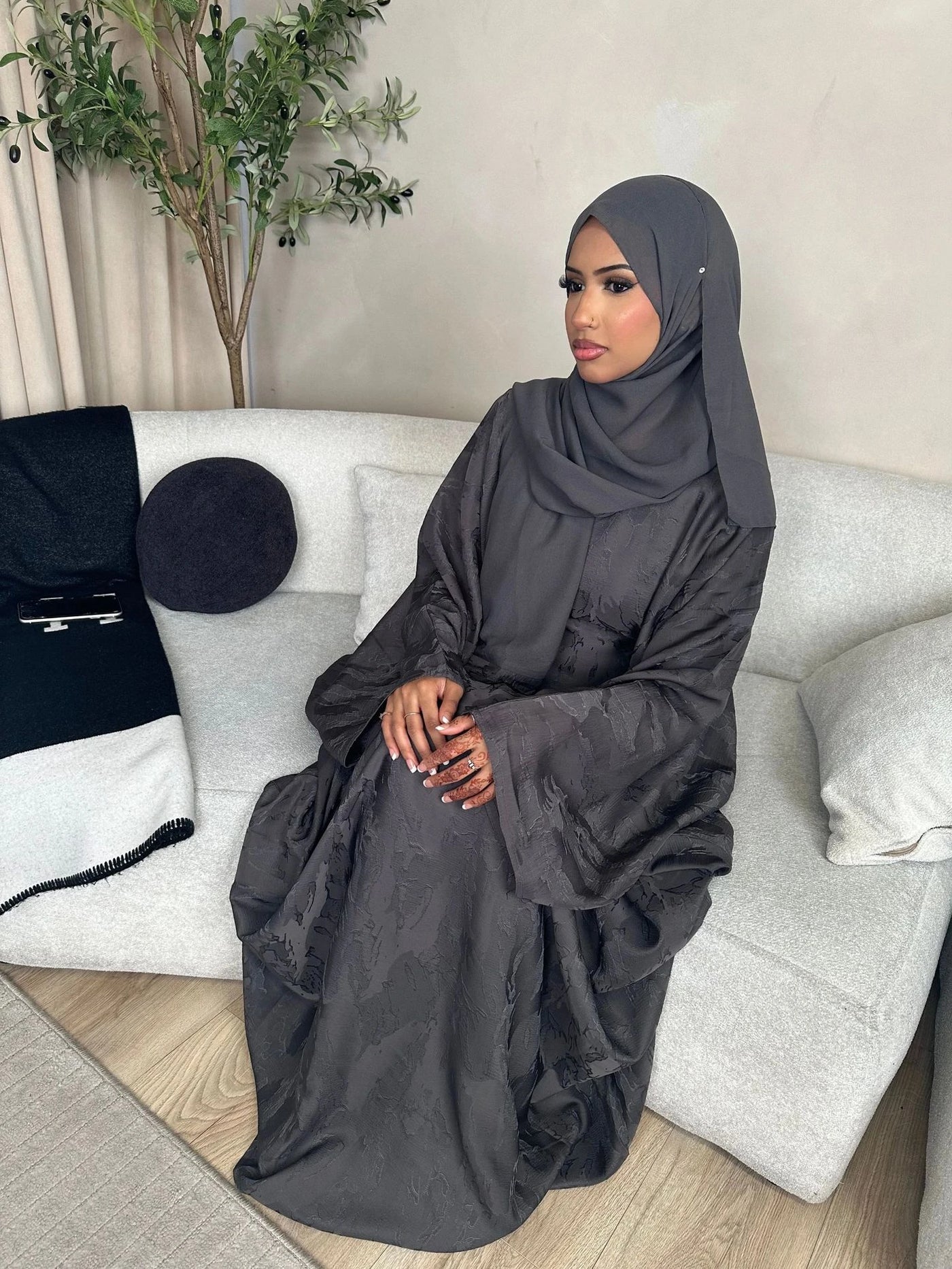 LM089 Hira Butterfly Abaya Set | Khaleeji Jacquard Prayer Dress with Batwing Sleeves Hijab Set