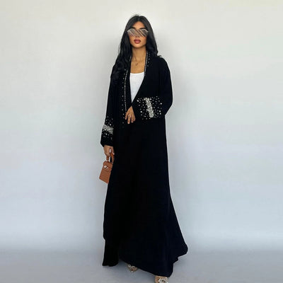 LM093 Rhinestone Open Abaya with Hijab | Diamond Beaded 2-Piece Modest Cardigan Set