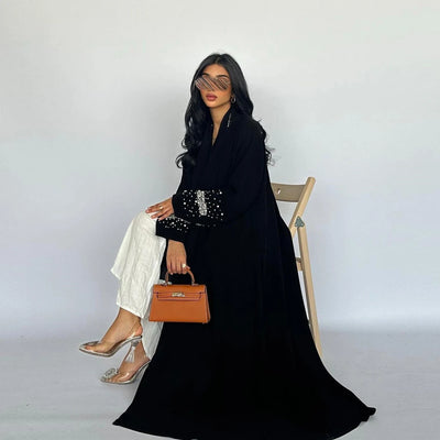 LM093 Rhinestone Open Abaya with Hijab | Diamond Beaded 2-Piece Modest Cardigan Set