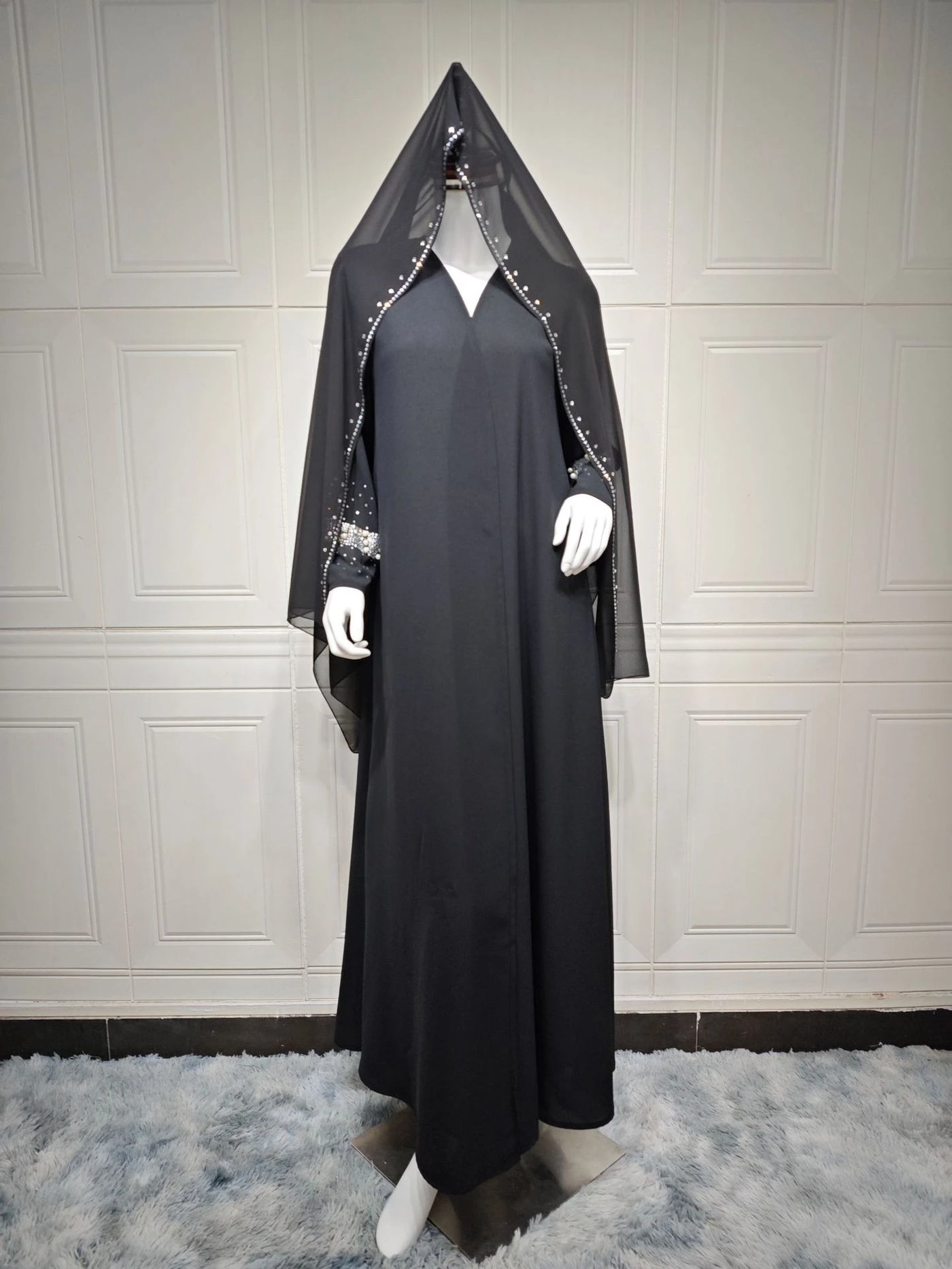 LM093 Rhinestone Open Abaya with Hijab | Diamond Beaded 2-Piece Modest Cardigan Set