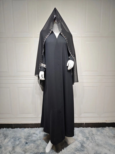 LM093 Rhinestone Open Abaya with Hijab | Diamond Beaded 2-Piece Modest Cardigan Set