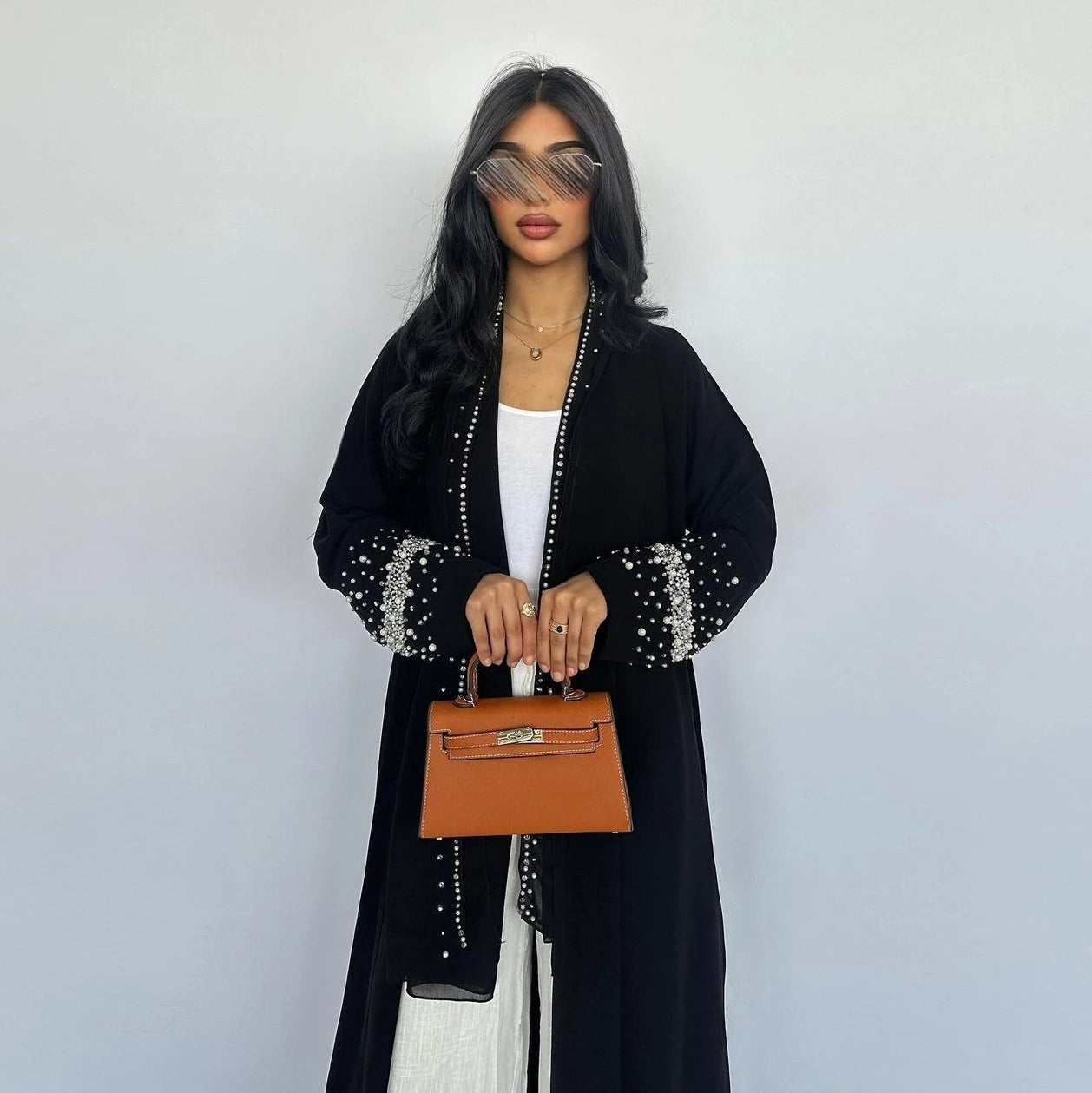 LM093 Rhinestone Open Abaya with Hijab | Diamond Beaded 2-Piece Modest Cardigan Set