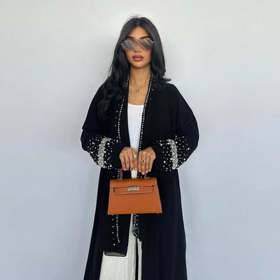 LM093 Rhinestone Open Abaya with Hijab | Diamond Beaded 2-Piece Modest Cardigan Set