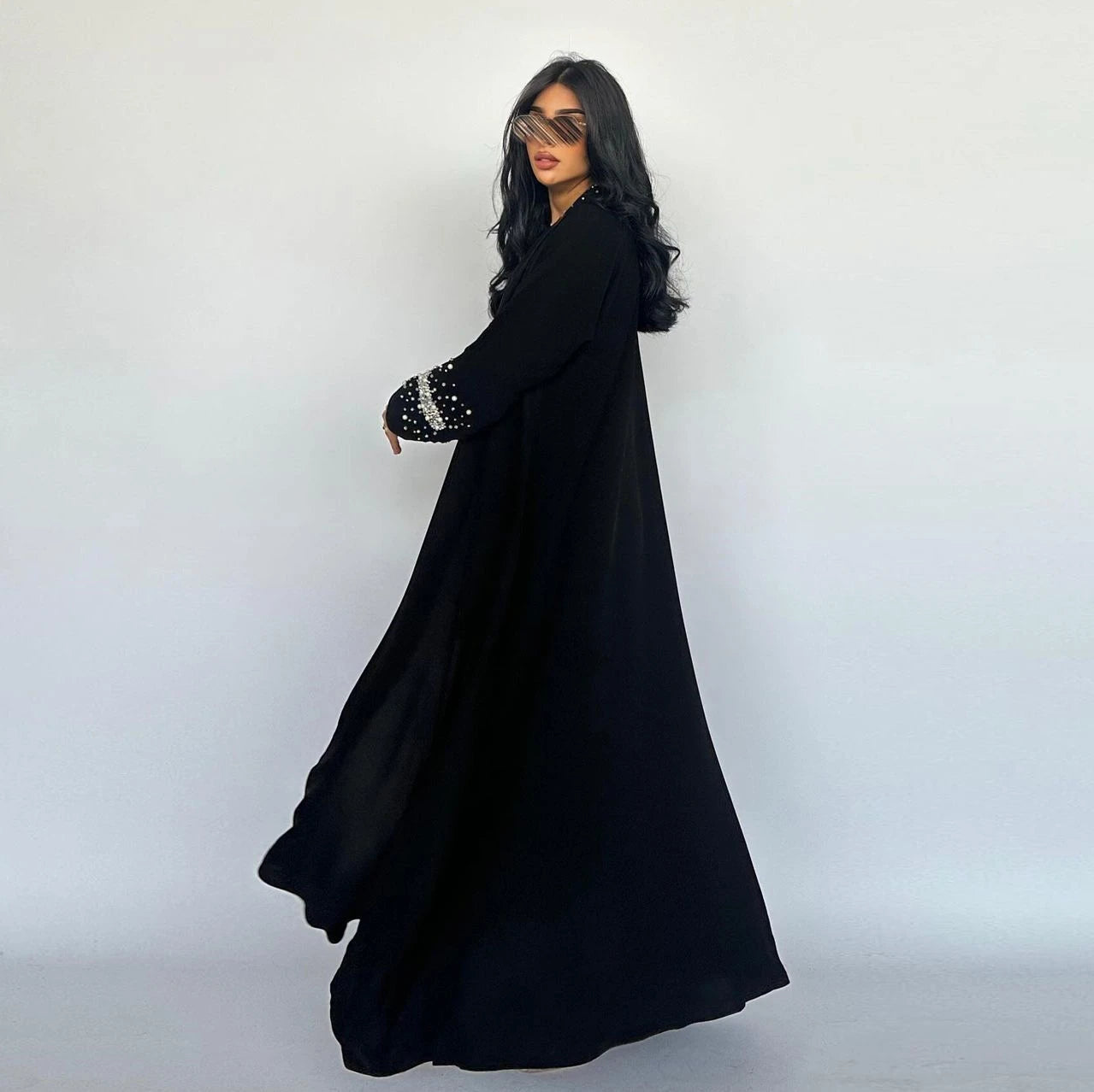 LM093 Rhinestone Open Abaya with Hijab | Diamond Beaded 2-Piece Modest Cardigan Set
