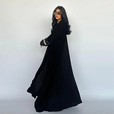 LM093 Rhinestone Open Abaya with Hijab | Diamond Beaded 2-Piece Modest Cardigan Set