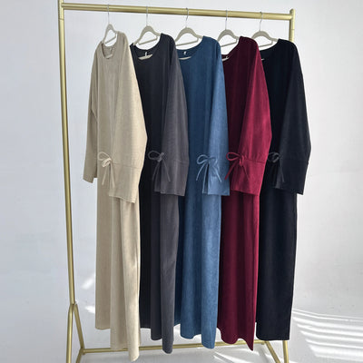 LM114 Winter Corduroy Abaya Dress | Split Sleeves with Bow Detail | Warm Thick Modest Dress | Lumos Modesty