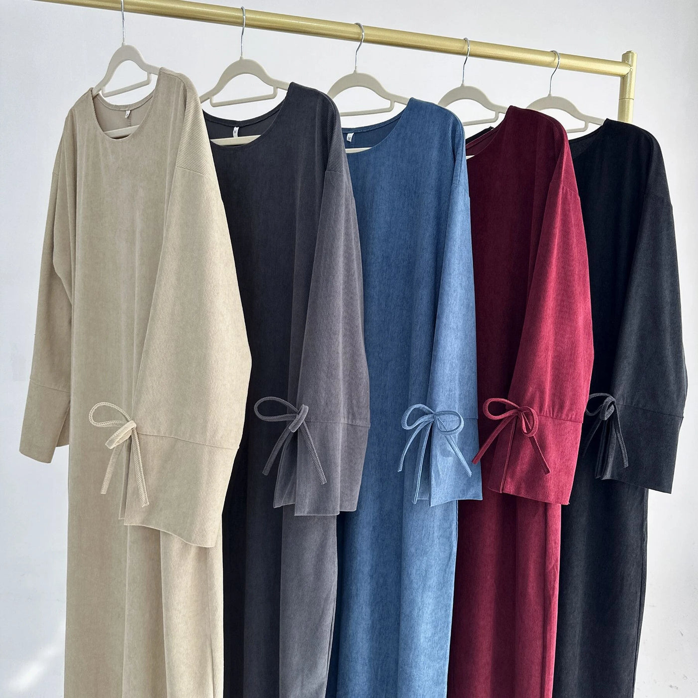 LM114 Winter Corduroy Abaya Dress | Split Sleeves with Bow Detail | Warm Thick Modest Dress | Lumos Modesty