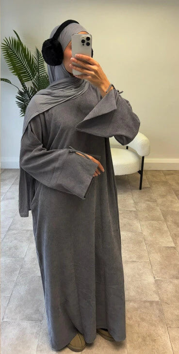 LM114 Winter Corduroy Abaya Dress | Split Sleeves with Bow Detail | Warm Thick Modest Dress | Lumos Modesty