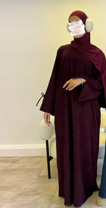 LM114 Winter Corduroy Abaya Dress | Split Sleeves with Bow Detail | Warm Thick Modest Dress | Lumos Modesty