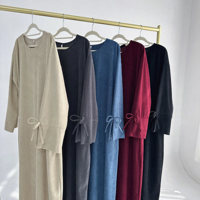 LM114 Winter Corduroy Abaya Dress | Split Sleeves with Bow Detail | Warm Thick Modest Dress | Lumos Modesty