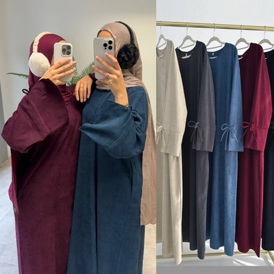 LM114 Winter Corduroy Abaya Dress | Split Sleeves with Bow Detail | Warm Thick Modest Dress | Lumos Modesty