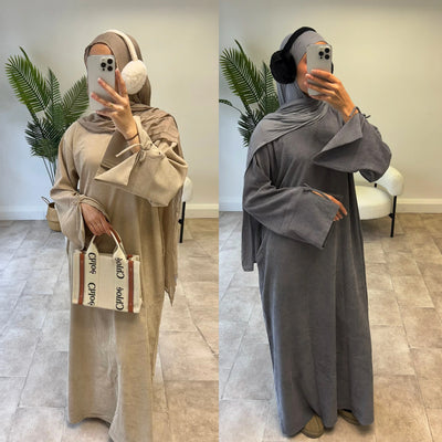 LM114 Winter Corduroy Abaya Dress | Split Sleeves with Bow Detail | Warm Thick Modest Dress | Lumos Modesty