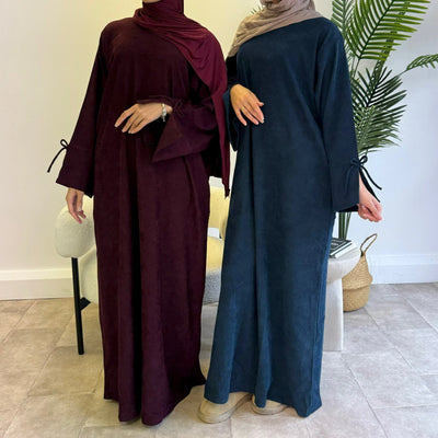 LM114 Winter Corduroy Abaya Dress | Split Sleeves with Bow Detail | Warm Thick Modest Dress | Lumos Modesty