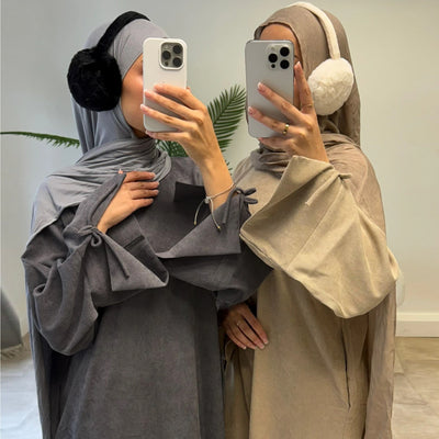 LM114 Winter Corduroy Abaya Dress | Split Sleeves with Bow Detail | Warm Thick Modest Dress | Lumos Modesty