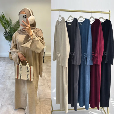 LM114 Winter Corduroy Abaya Dress | Split Sleeves with Bow Detail | Warm Thick Modest Dress | Lumos Modesty