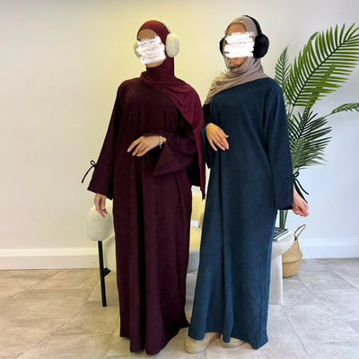 LM114 Winter Corduroy Abaya Dress | Split Sleeves with Bow Detail | Warm Thick Modest Dress | Lumos Modesty