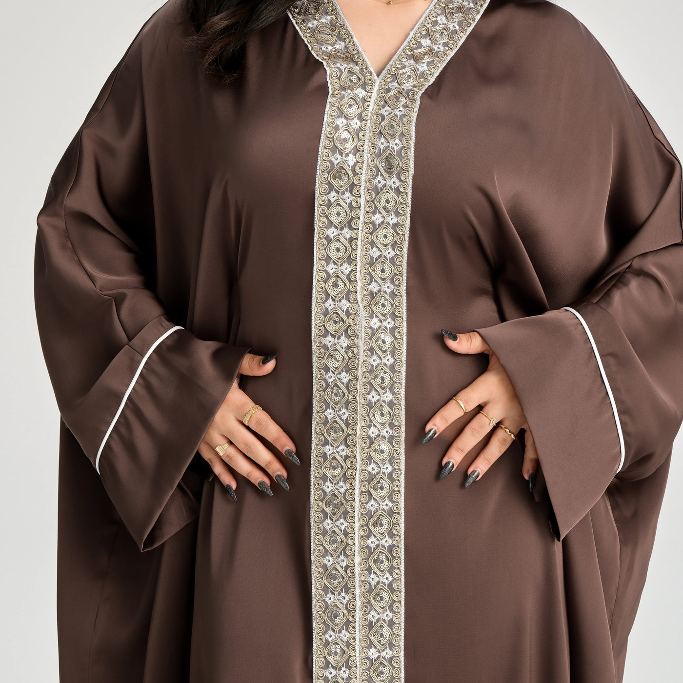 LM122 Gold Lace Kaftan Abaya with Inner Belt | Khaleeji Modest Maxi Dress