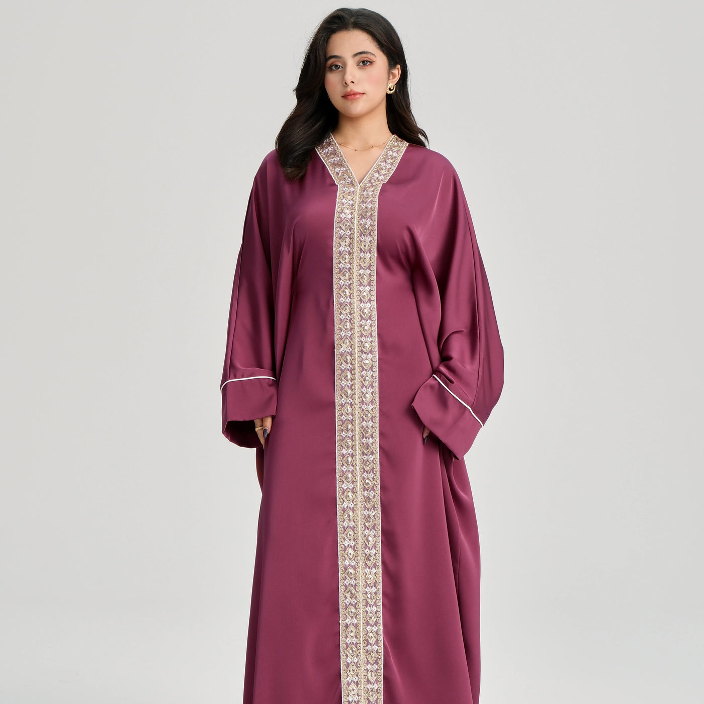 LM122 Gold Lace Kaftan Abaya with Inner Belt | Khaleeji Modest Maxi Dress