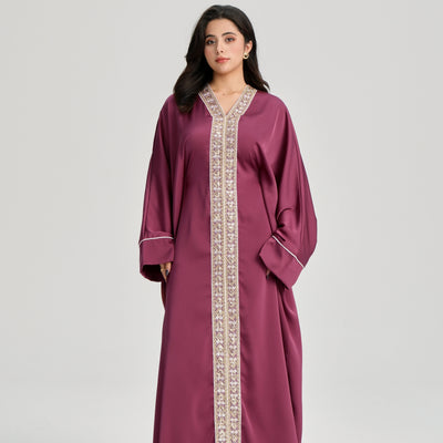 LM122 Gold Lace Kaftan Abaya with Inner Belt | Khaleeji Modest Maxi Dress