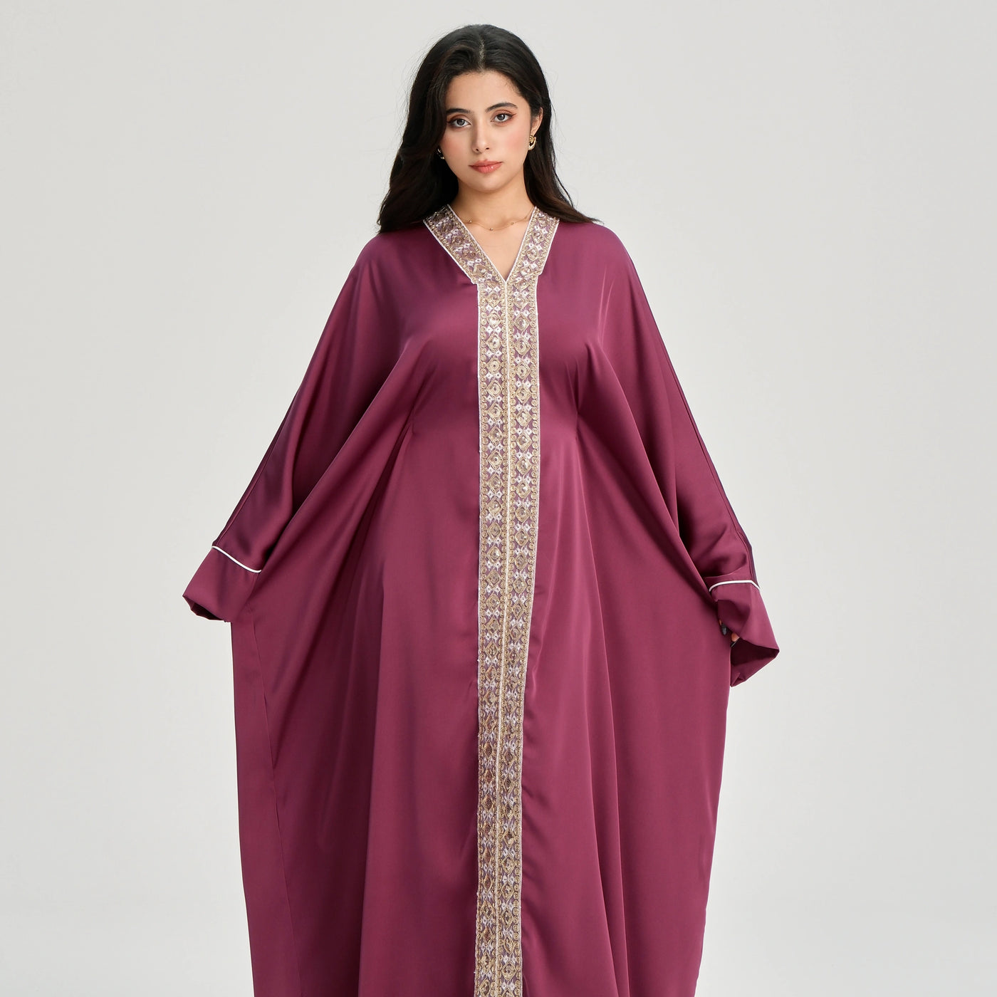 LM122 Gold Lace Kaftan Abaya with Inner Belt | Khaleeji Modest Maxi Dress