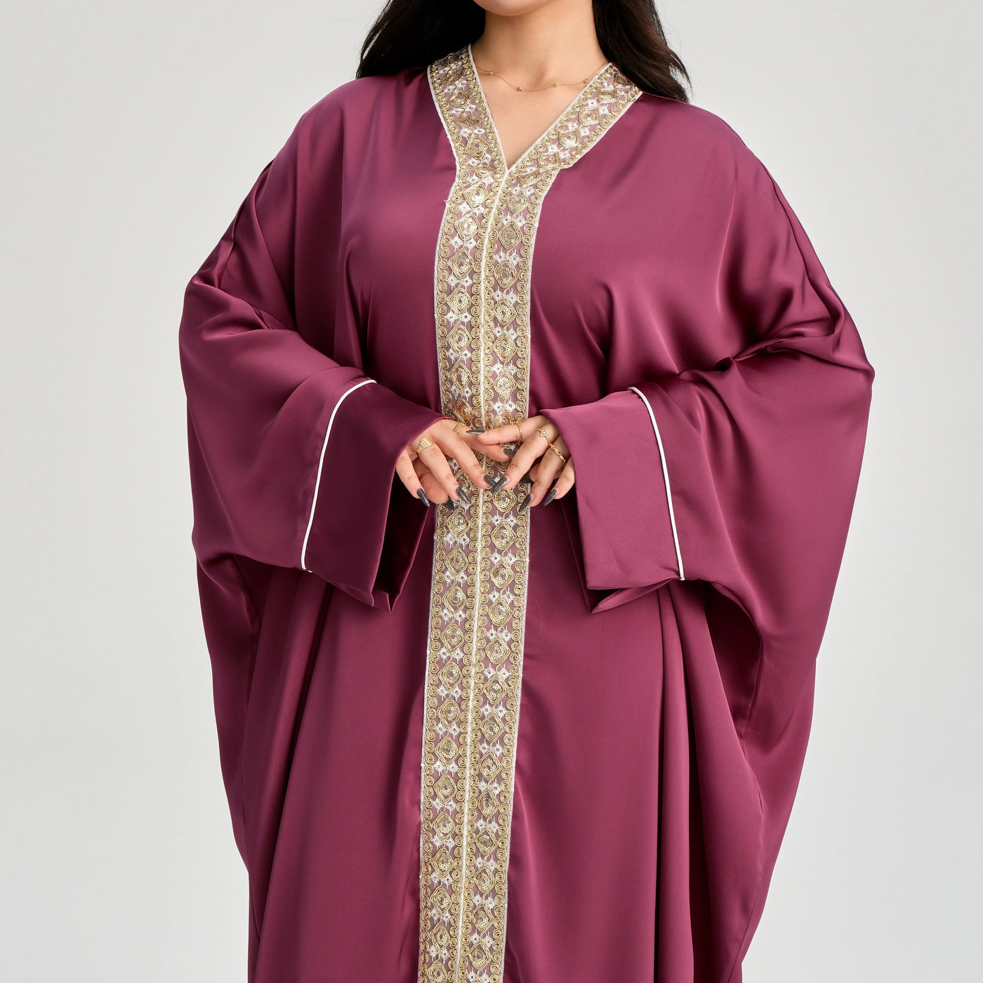 LM122 Gold Lace Kaftan Abaya with Inner Belt | Khaleeji Modest Maxi Dress