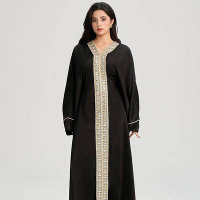 LM122 Gold Lace Kaftan Abaya with Inner Belt | Khaleeji Modest Maxi Dress