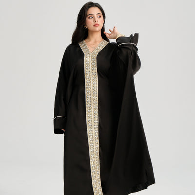 LM122 Gold Lace Kaftan Abaya with Inner Belt | Khaleeji Modest Maxi Dress