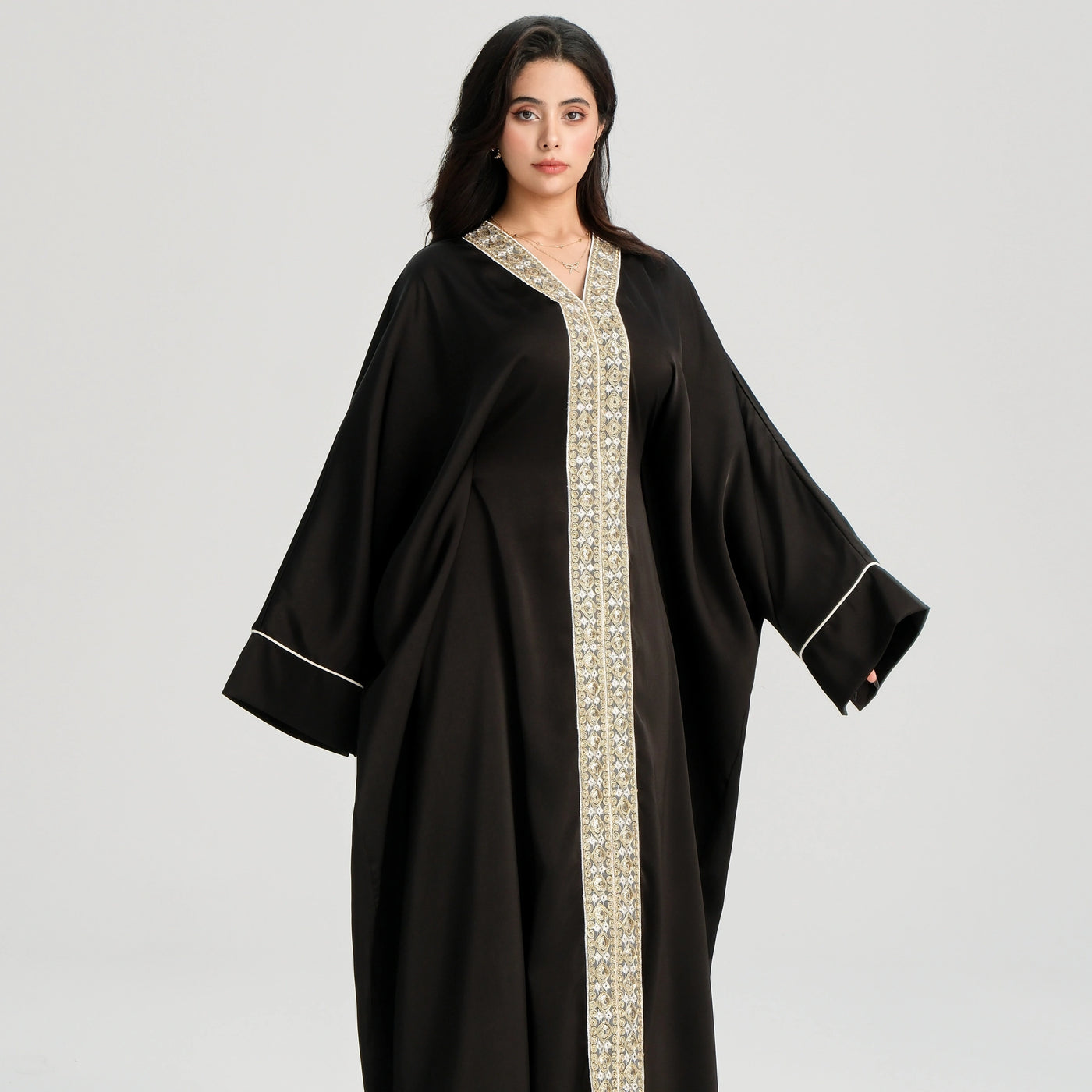 LM122 Gold Lace Kaftan Abaya with Inner Belt | Khaleeji Modest Maxi Dress