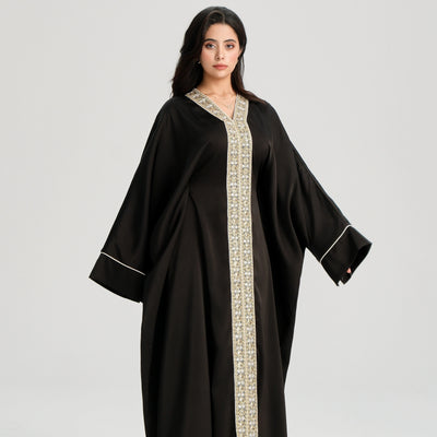 LM122 Gold Lace Kaftan Abaya with Inner Belt | Khaleeji Modest Maxi Dress
