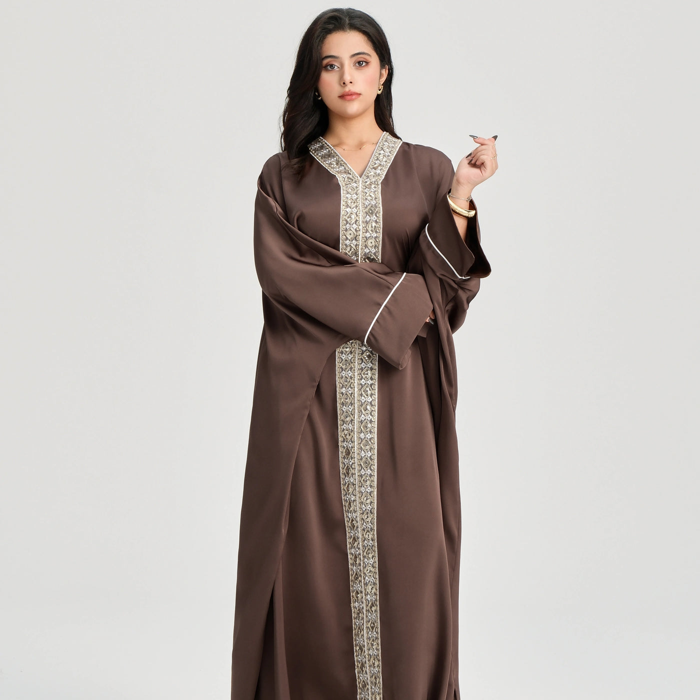 LM122 Gold Lace Kaftan Abaya with Inner Belt | Khaleeji Modest Maxi Dress