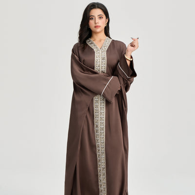 LM122 Gold Lace Kaftan Abaya with Inner Belt | Khaleeji Modest Maxi Dress