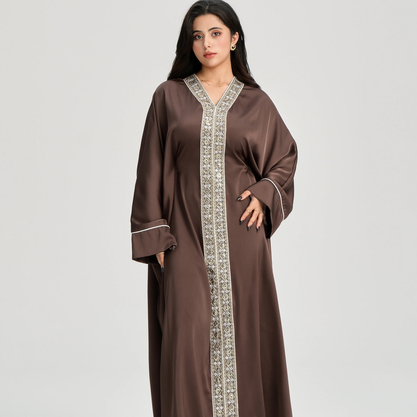 LM122 Gold Lace Kaftan Abaya with Inner Belt | Khaleeji Modest Maxi Dress