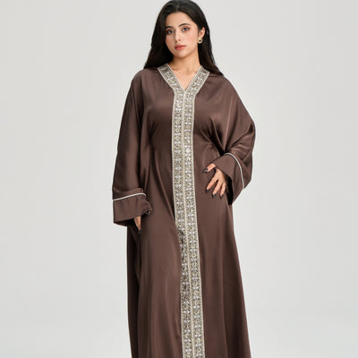 LM122 Gold Lace Kaftan Abaya with Inner Belt | Khaleeji Modest Maxi Dress
