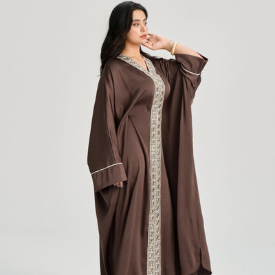 LM122 Gold Lace Kaftan Abaya with Inner Belt | Khaleeji Modest Maxi Dress
